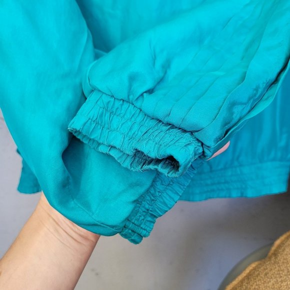 Vintage 90's 100% Silk Bright Turquoise Full Zip Retro Athleisure Jacket - Picture 14 of 16